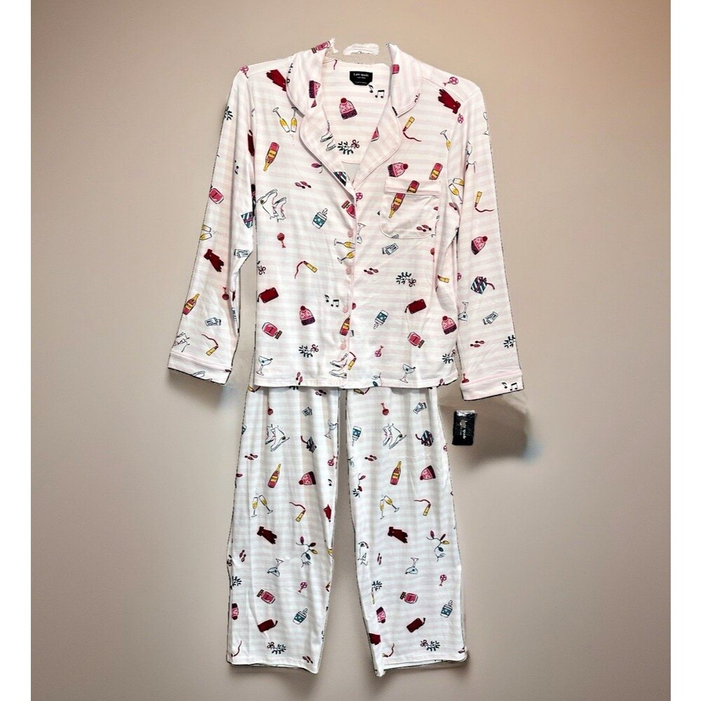 NWT Kate Spade Christmas PJ Pajama Pant 2pc Set Sz Large Long Sleeve Women Pink - Picture 2 of 10
